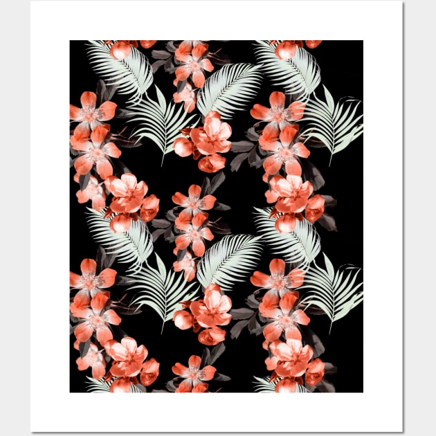 Palm Leaves And Flowers, Red Black Wall Art by Random Galaxy